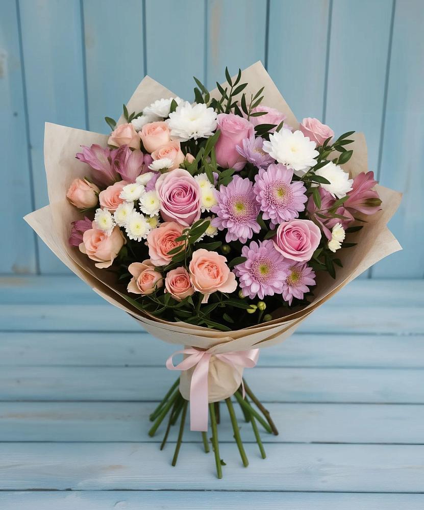 Букет цветов из: Хризантемы, Розы и Альстромерии в Икше
