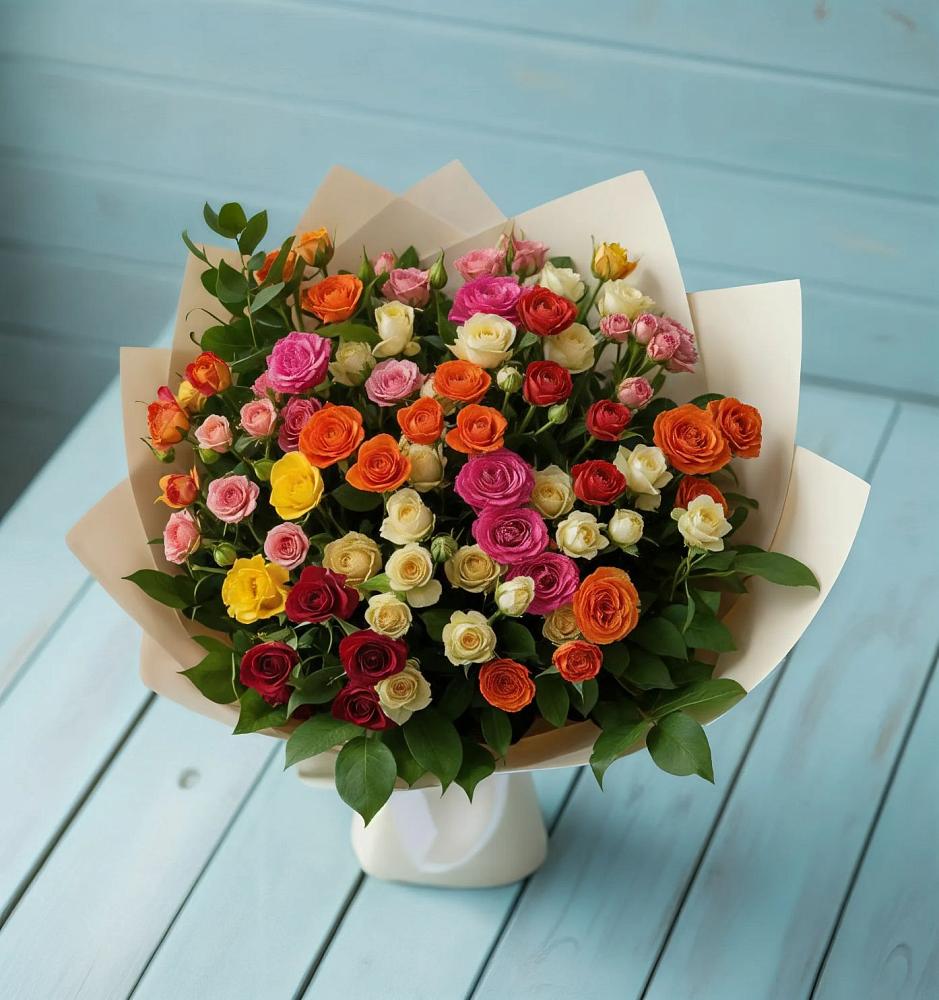 Букет Микс из разноцветных кустовых роз в Икше