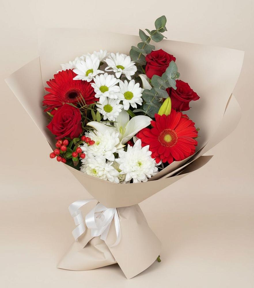 Букет цветов из: Розы, Хризантемы, Герберы и Лилии в Икше