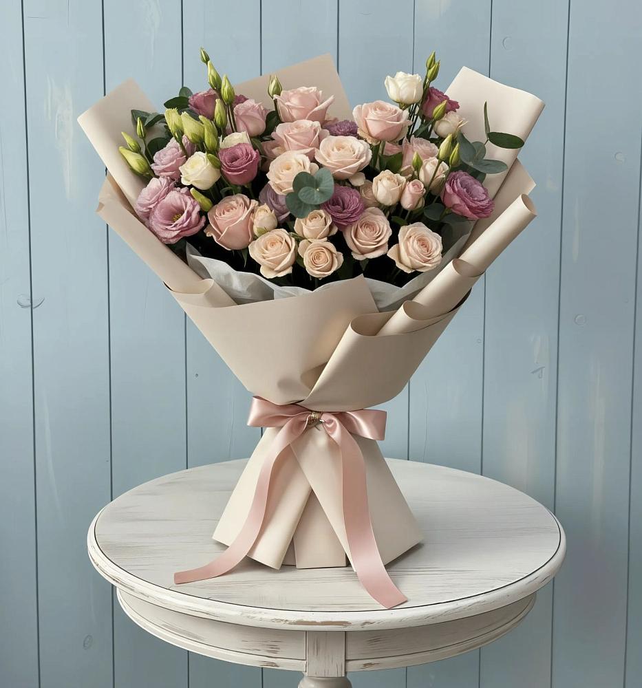 Букет цветов из: Розы и Лизиантусы в Икше