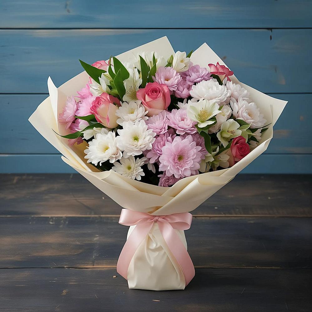 Букет цветов из: Хризантемы, Альстромерии и Розы в Икше